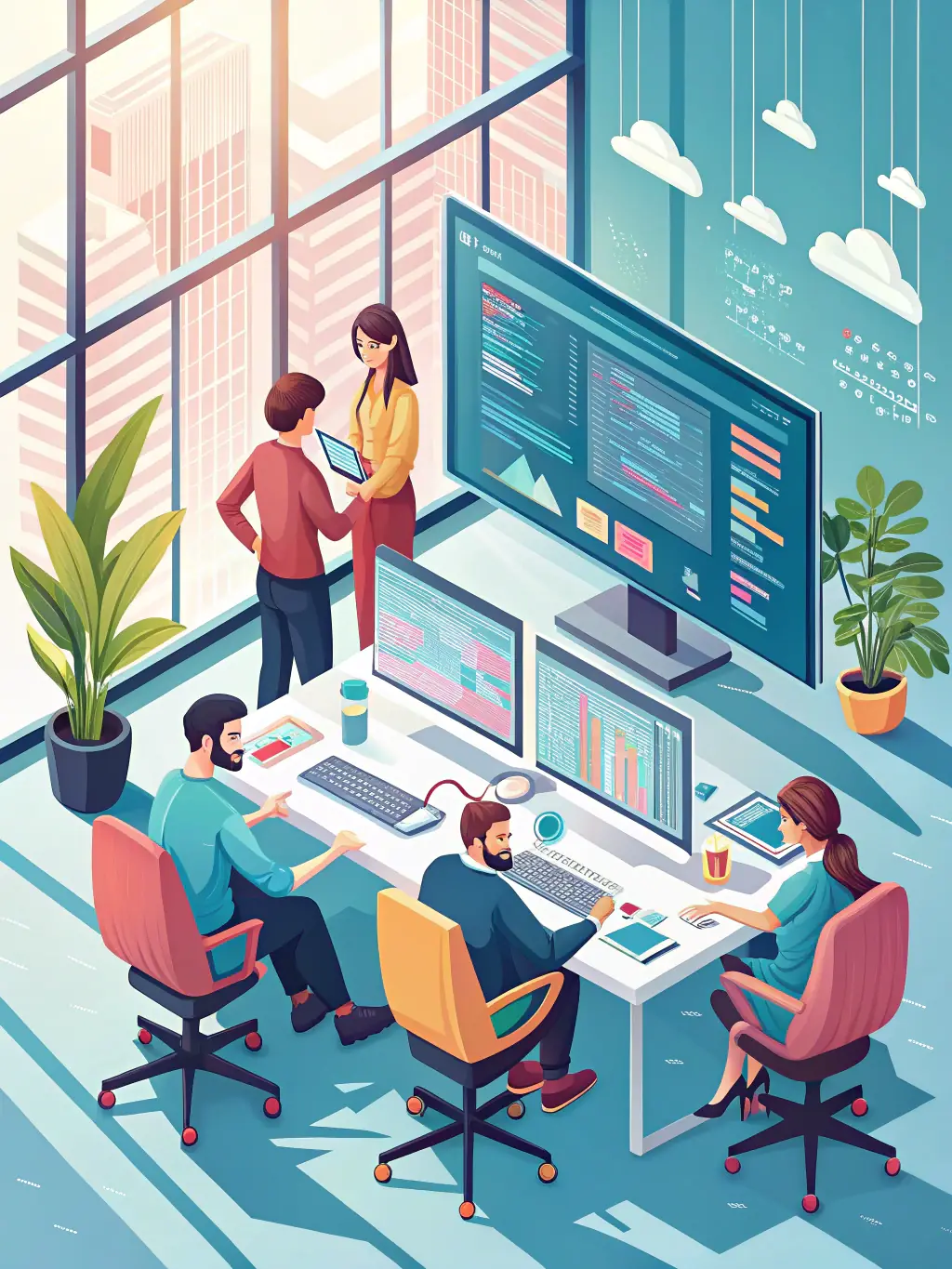 A group of tech developers collaborating on a software project, illustrating EquityEdge's investments in innovative tech startups.