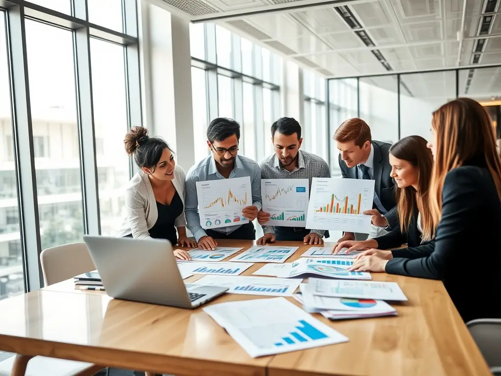 A detailed image depicting a team of EquityEdge analysts reviewing financial documents and market data in a modern office setting, symbolizing thorough due diligence.